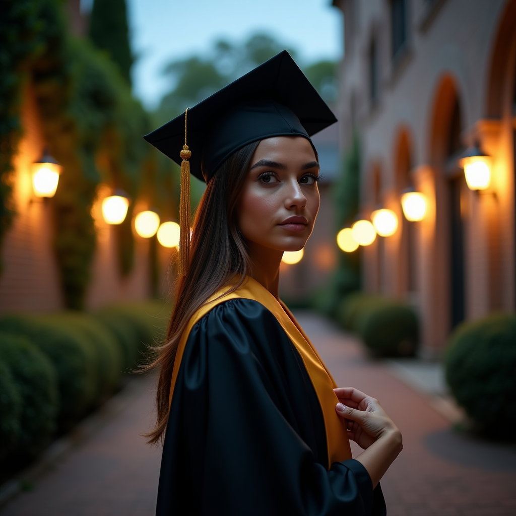 AI-generated photo: Professional portrait photography, a dramatic graduation portrait staged on a quiet campus courtyard...