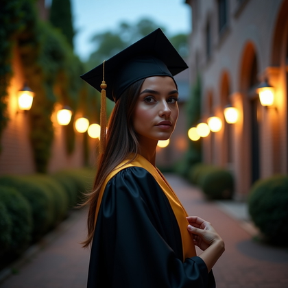 AI-generated photo: Professional portrait photography, a dramatic graduation portrait staged on a quiet campus courtyard...