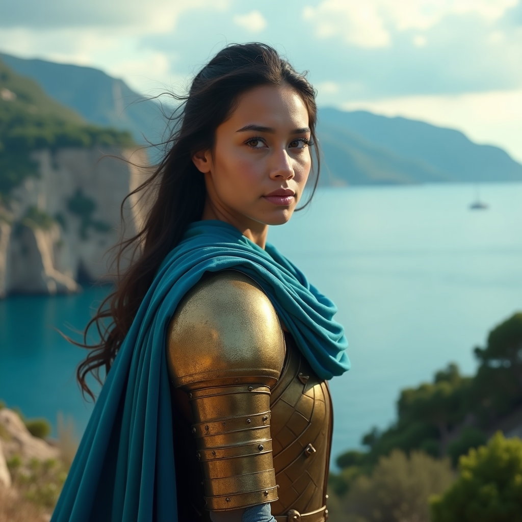 Solo Bronze-Armor Champion Portrait example: Cinematic mythological portrait photo. Environmental portrait of a solo bronze-armored champion standing on a cliff abov