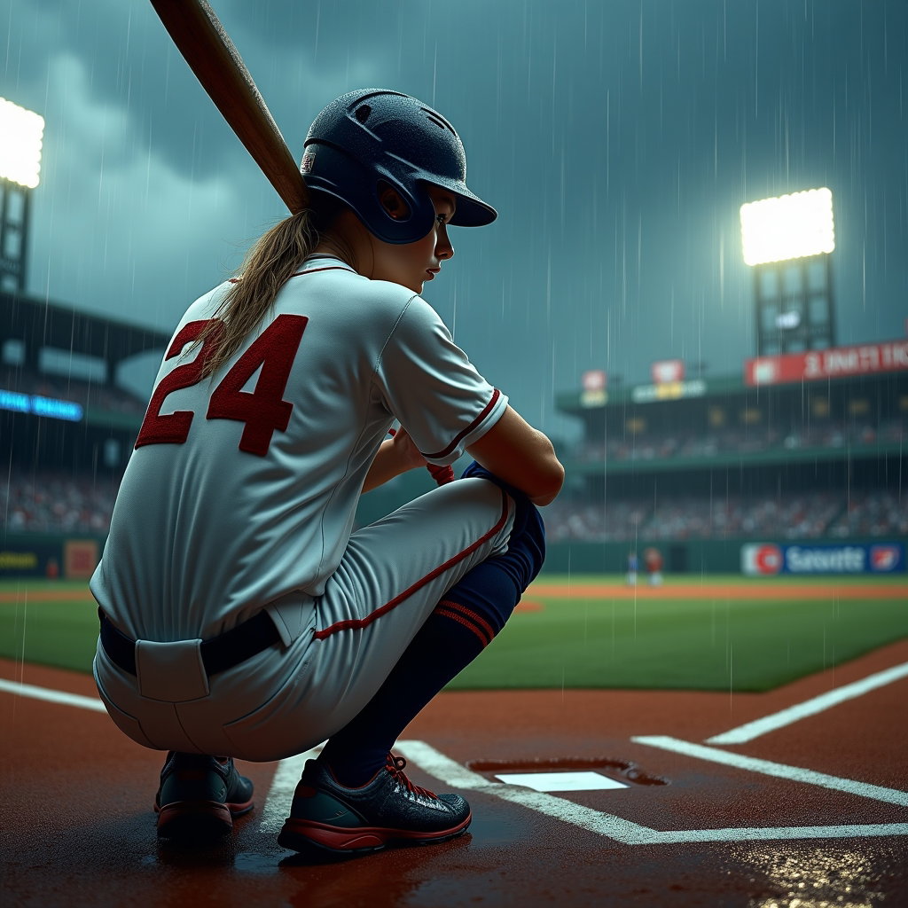 AI-generated photo: Photorealistic sports photography. Wide three-quarter view from the third-base side of a batter plan...