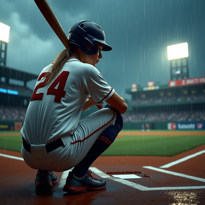 AI-generated photo: Photorealistic sports photography. Wide three-quarter view from the third-base side of a batter plan...