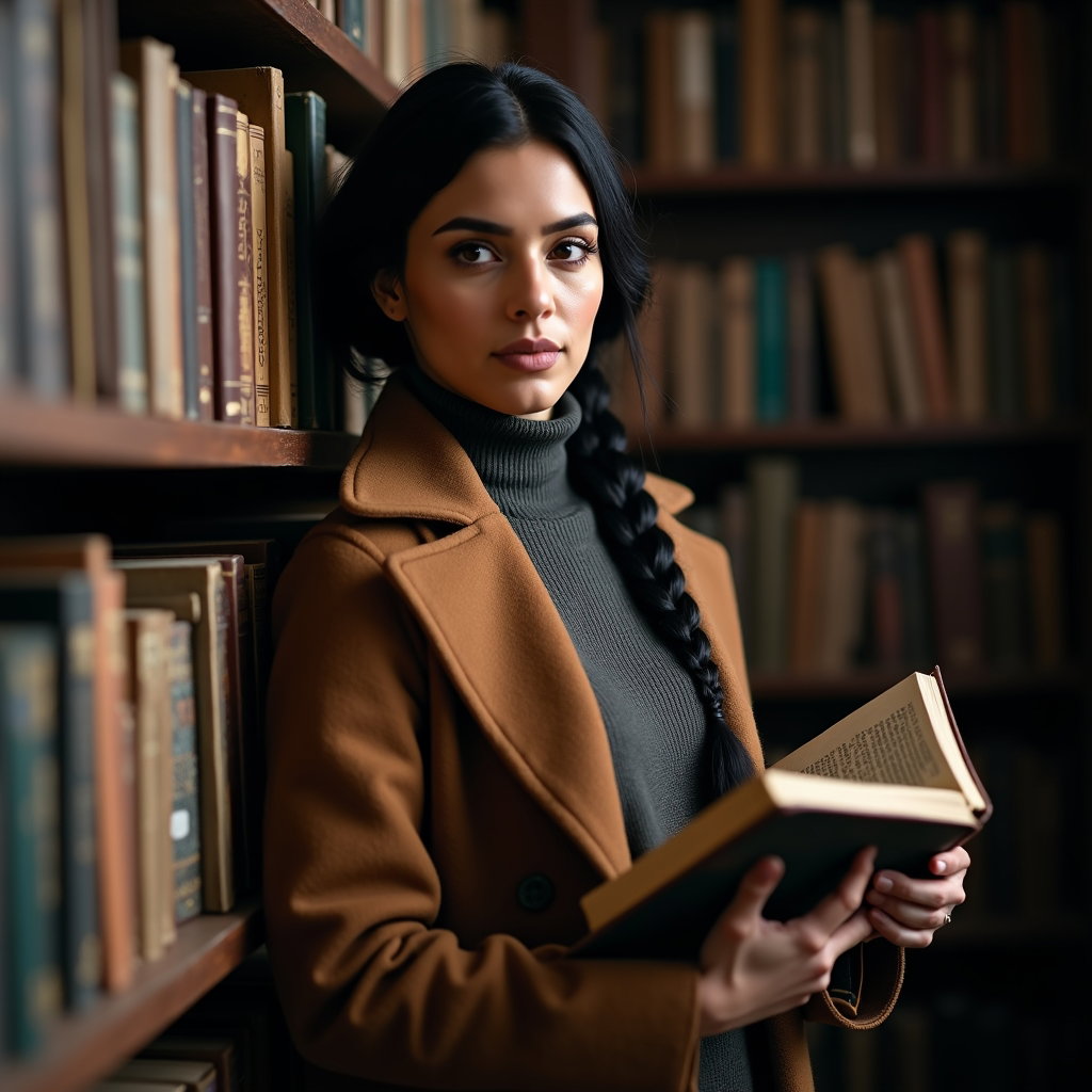 Library Stacks: Intimate three-quarter portrait inside an old library stack, the subject leaning one shoulder lightly against a shelf while examining a…