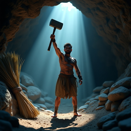 AI-generated photo: Photorealistic lifestyle portrait at the mouth of a cave at dawn, a single shaft of soft sunlight cu...