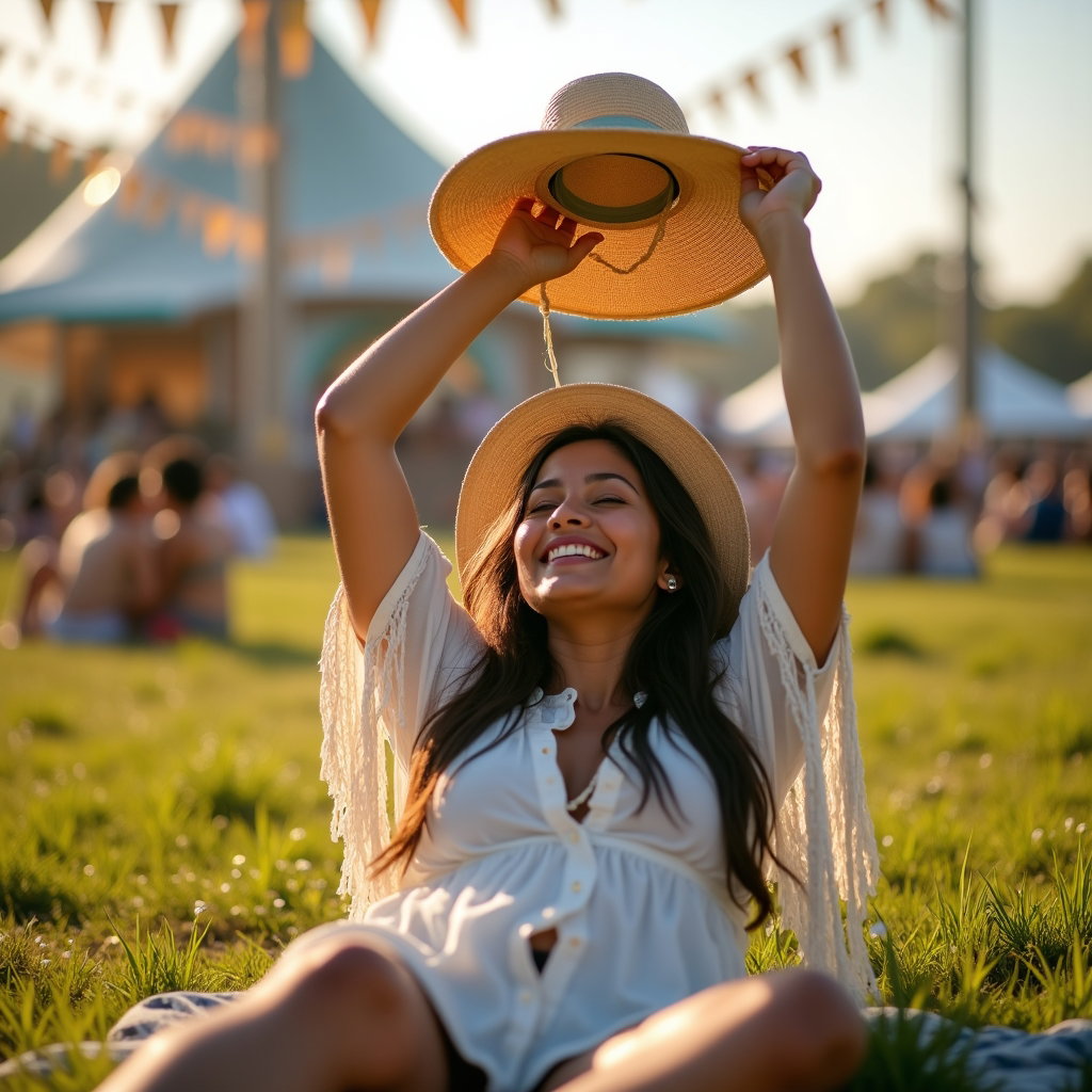 Relaxed Grass Lounge Portrait example: Photorealistic festival motion portrait photography. The person reclines on the lawn while playfully catching a lightwei