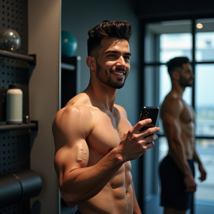AI-generated photo: Photorealistic fitness photography in a mobility-and-recovery corner with a floor-to-ceiling mirror,...