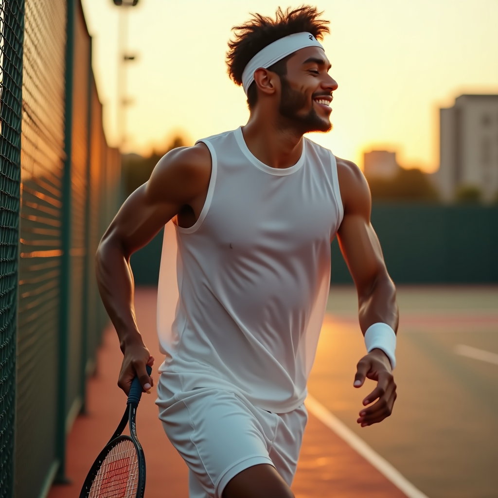 Golden Hour Court Fence Portraits example: Photorealistic portrait photography. Motion portrait of the subject stepping forward along the fence after a swing, racq