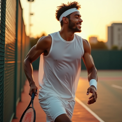 Golden Hour Court Fence Portraits example: Photorealistic portrait photography. Motion portrait of the subject stepping forward along the fence after a swing, racq