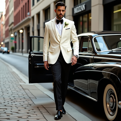 AI-generated photo: Photorealistic wedding editorial portrait on a city street curb beside a vintage black car with the ...