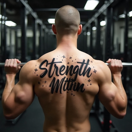AI-generated photo: Photorealistic photography of a young man in a gym setting, highlighting a script tattoo across his ...