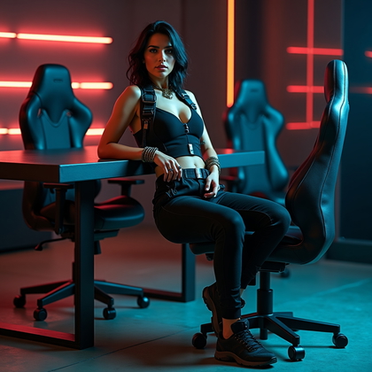 AI-generated photo: Photorealistic fashion portrait photography, full vertical composition cropped from mid-thigh up, fe...