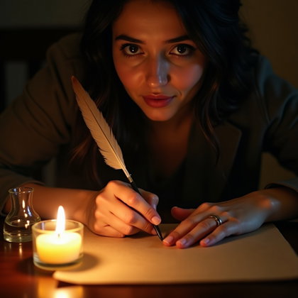 Candlelit Writing Desk Portrait With Ink-Stained Hands example: Photorealistic portrait photography. Tight close-up at a candlelit writing desk, with ink-stained fingers holding a quil