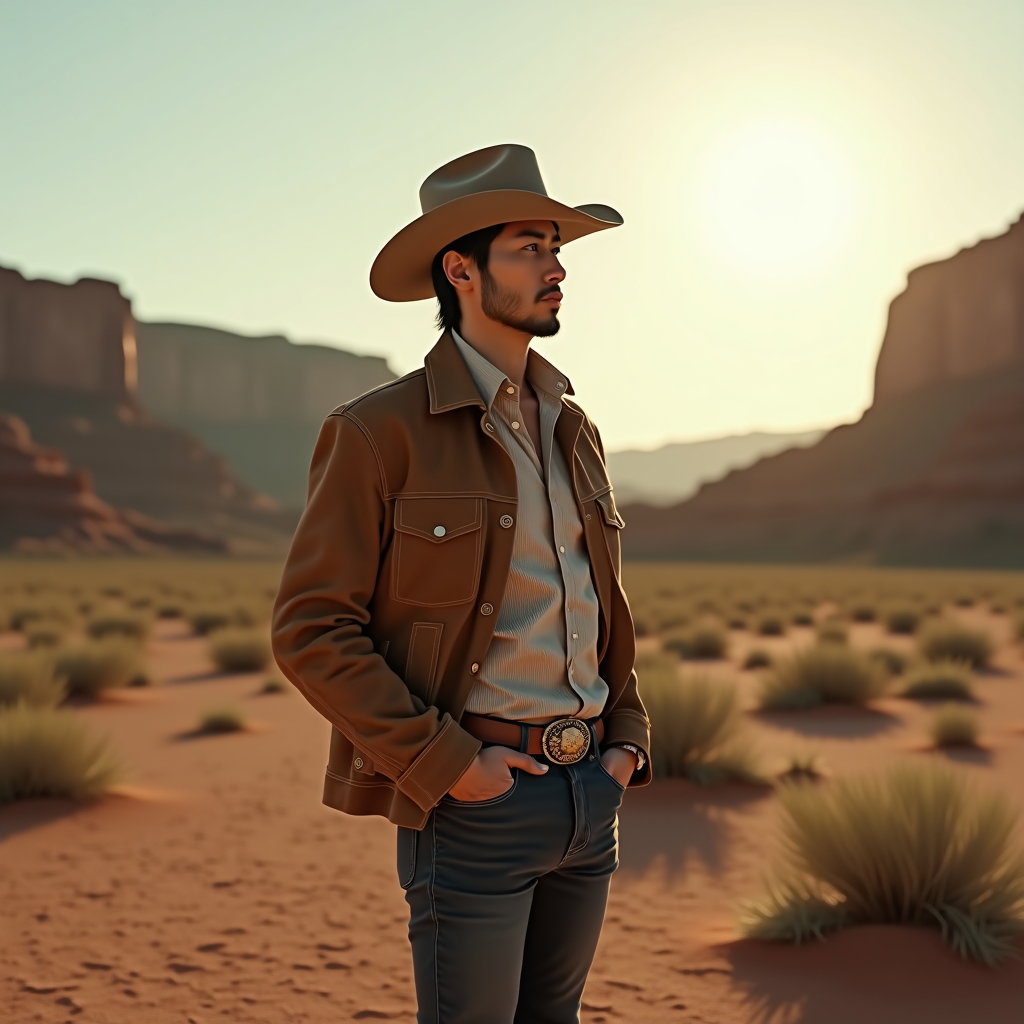 AI-generated photo: Photorealistic luxury editorial photography, a solitary cowboy occupies the foreground of a broad de...