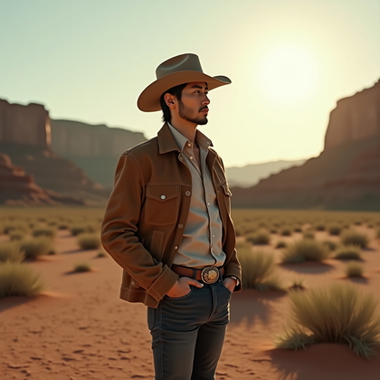 AI-generated photo: Photorealistic luxury editorial photography, a solitary cowboy occupies the foreground of a broad de...