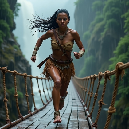 AI-generated photo: Photorealistic outdoor action photo: In a drumming downpour over a deep gorge, the subject sprints a...