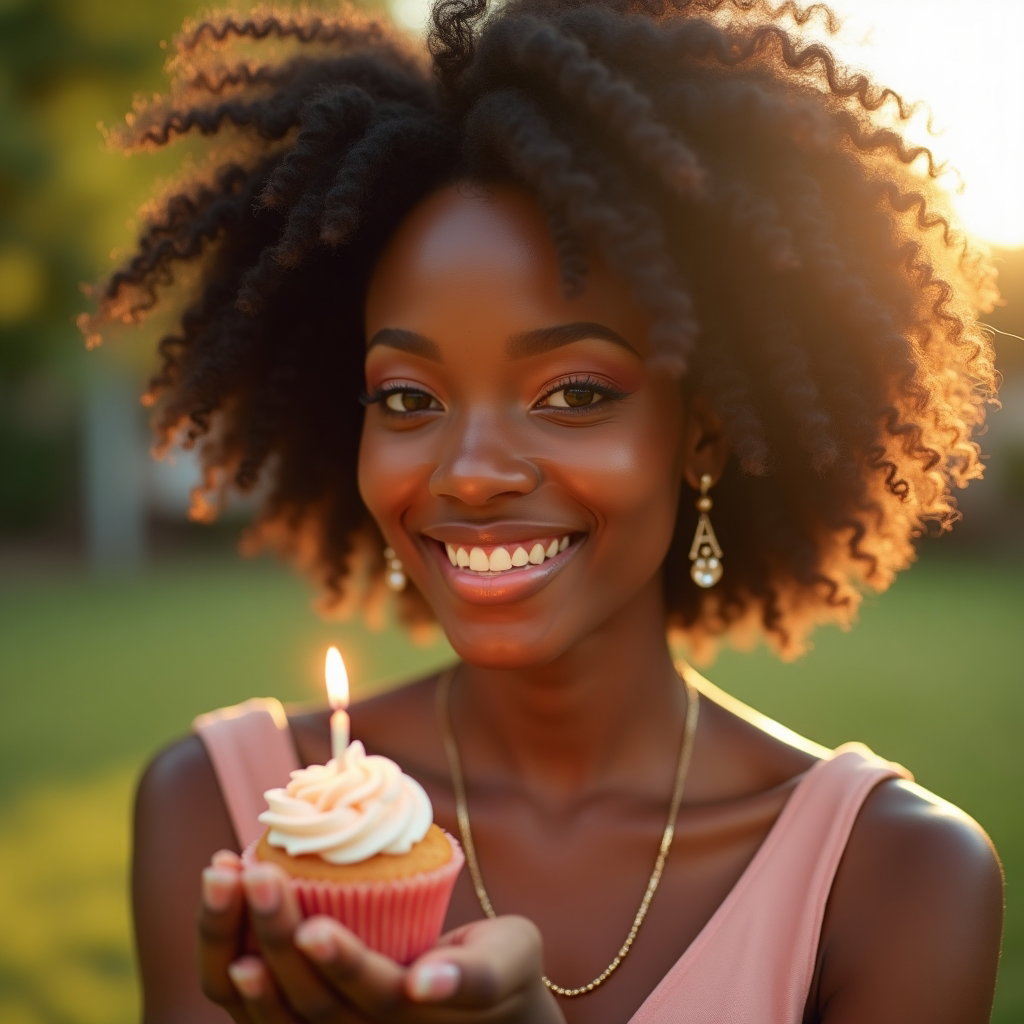 Golden Hour Outdoor Birthday Photos example: Photorealistic portrait photography. Tight close-up outdoor birthday portrait with the face fully visible and sharply re