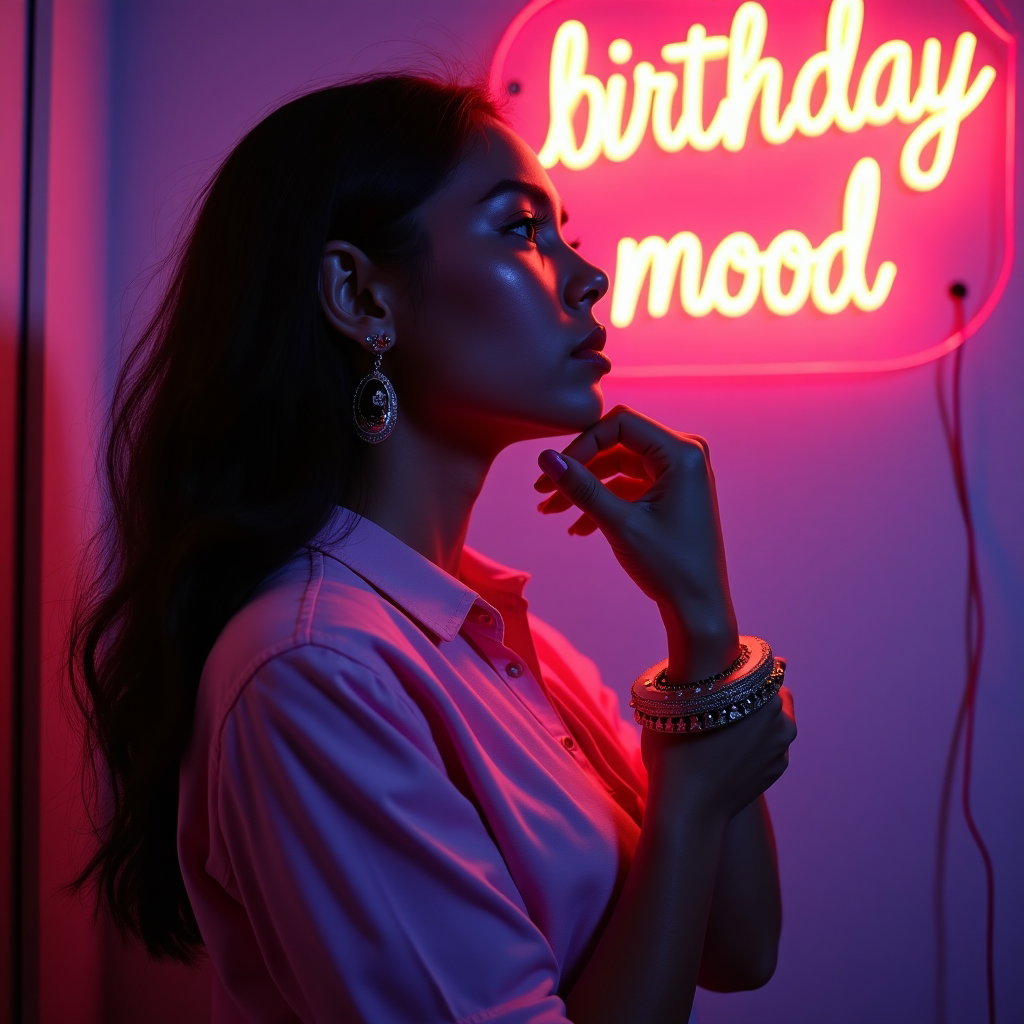 Full-Body Birthday Pose Ideas That Look Confident example: Photorealistic portrait photography. Profile/avatar-style birthday crop from the waist up against a clean neon “birthday