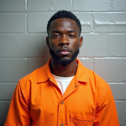 AI-generated photo: Photorealistic studio mugshot photograph, front-facing identity shot in a bright orange prison jumps...
