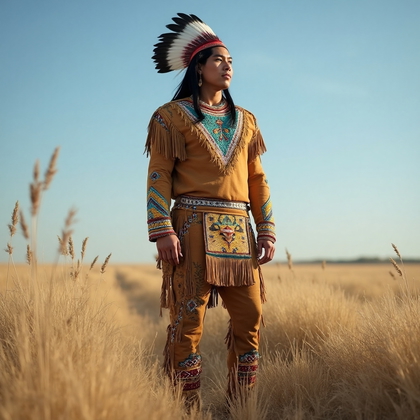 AI-generated photo: Cultural Attire Portrait featuring a man in a traditional Native American regalia, featuring a handc...