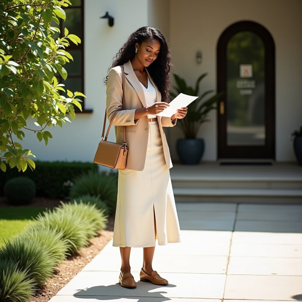 Summer Linen Interview: Bright courtyard interview-arrival shot near a simple office entry sign and lush summer greenery.