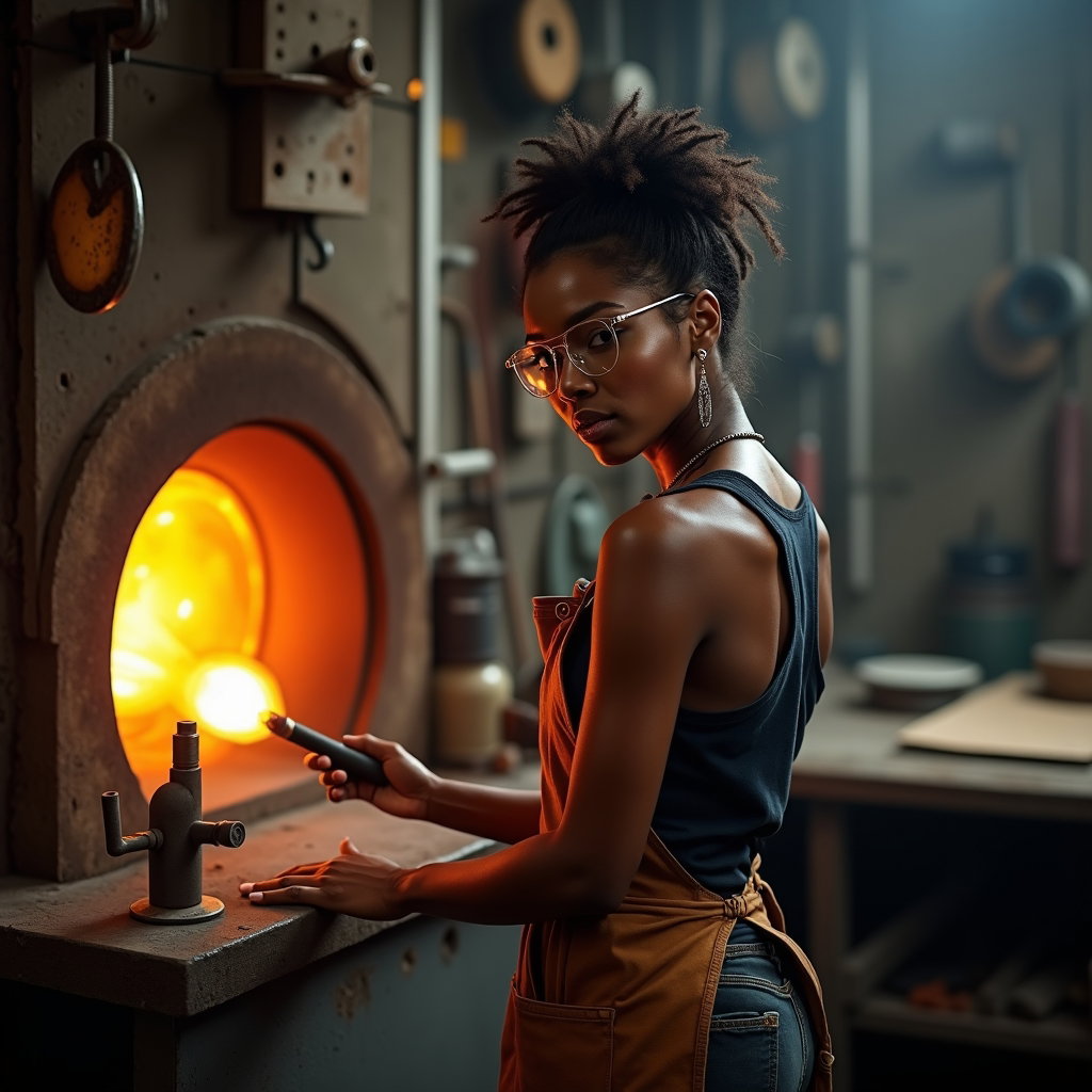 AI-generated photo: Photorealistic craft documentary photography of an artisan glassblower drawing a gather from a glowi...