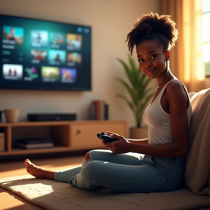 AI-generated photo: Photorealistic portrait photography. A casual gamer sits on the floor of a sunlit living room, back ...