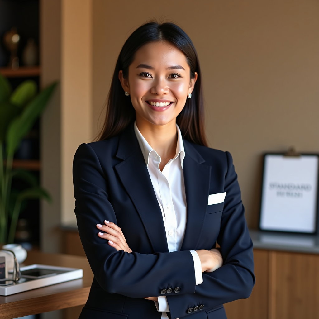 AI-generated photo: Professional headshot: hospitality brand and operations executive persona photographed in a flagship...