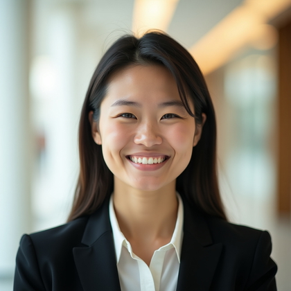 AI-generated photo: Professional headshot, genuine mid-laugh moment captured with relaxed shoulders and a micro-lean tow...