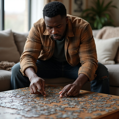 AI-generated photo: Hobby-Inspired Lifestyle photo capturing a man intensely focused on assembling a complex jigsaw puzz...