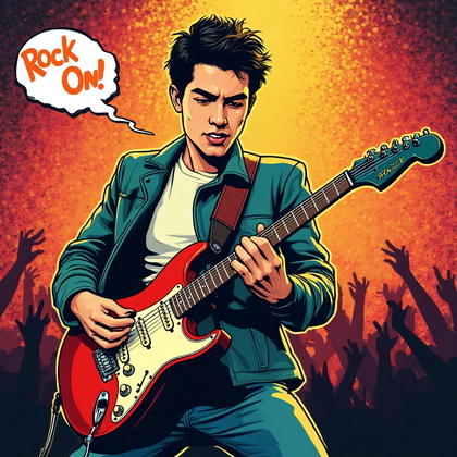 AI-generated photo: Pop Art illustration. Capture a young man in a striking pose, strumming an electric guitar against t...