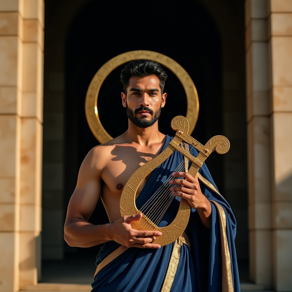 Solo Orpheus Moonlit Poet-Hero Portrait example: Cinematic mythological portrait photography. Editorial hero image framed from a low angle before a towering temple doorw