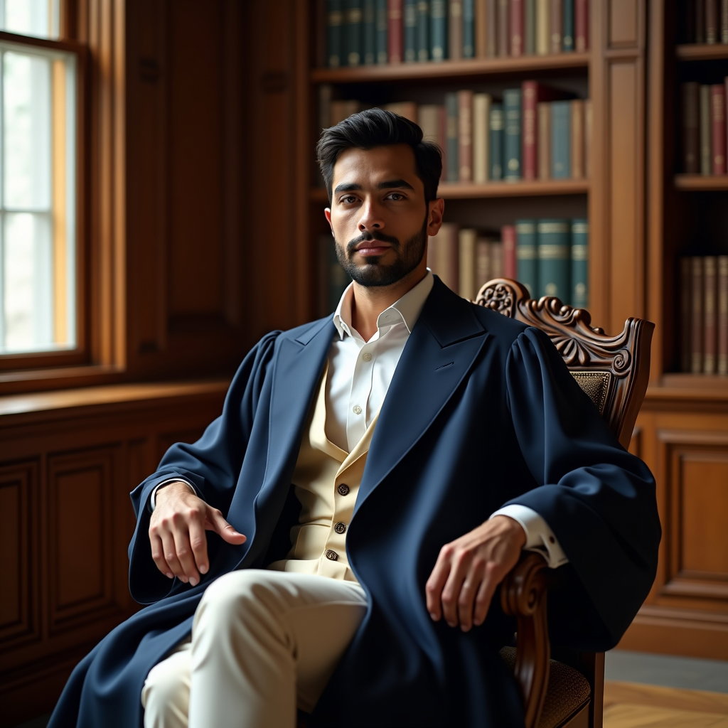 AI-generated photo: Professional editorial photography, a seated graduation portrait created in a grand library setting ...