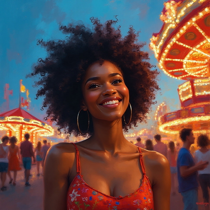 AI-generated photo: **Expressionist painting.** A breathtaking scene of a young woman at a carnival at dusk, caught in a...