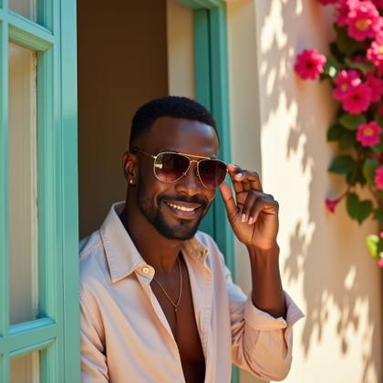 Villa Entrance Full-Body Bombshell Shot example: Photorealistic editorial close-up portrait, the subject posed at the villa doorway with the face clearly visible, chin s