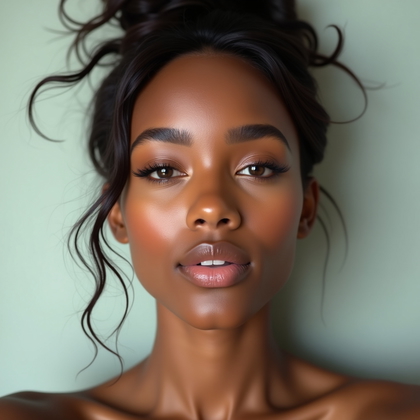 AI-generated photo: Photorealistic beauty portrait photography, close-up angle from slightly above eye level, framing th...