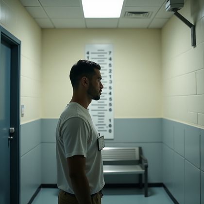 AI-generated photo: Photorealistic intake photography featuring a clean side-profile shot in a stark booking room, with ...