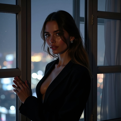 AI-generated photo: Photorealistic portrait photograph at a high-rise balcony door on a winter night, with city bokeh an...