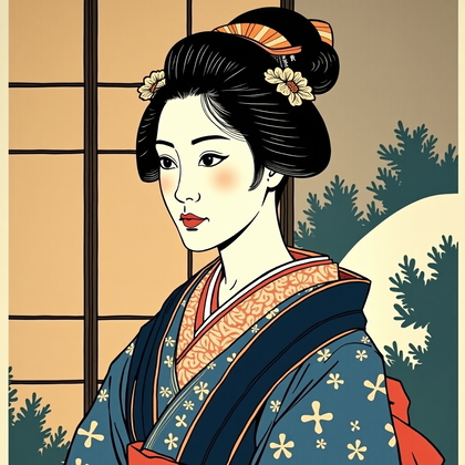 Ukiyo-e woodblock print portrait: a half-length figure in three-quarter view stands before a stylized shoji screen and a simplified pine-and-wave pattern, layered garments rendered with intricate geometric and floral motifs abstracted into flat shapes with delicate linework; the face is clearly defined with elegant contour lines and a calm, direct gaze. Traditional bokashi gradients shade the background from indigo to tea-brown, with mica dust subtly catching light along collar and sleeve edges and a small folded fan accent near the shoulder line. Printed on textured washi with precise registration and crisp outlines, the composition balances asymmetry with a vertical cartouche for signature and seal.