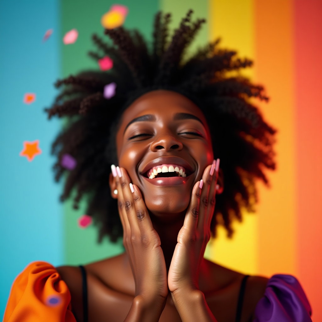 Queer Joy Laughing Portraits example: Photorealistic close-up portrait photography. A solo laughing portrait with the face fully visible, framed tightly from