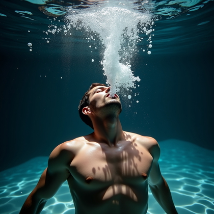 AI-generated photo: Photorealistic underwater portrait photography, waist-up shot in a deep, hotel-style pool with a sle...