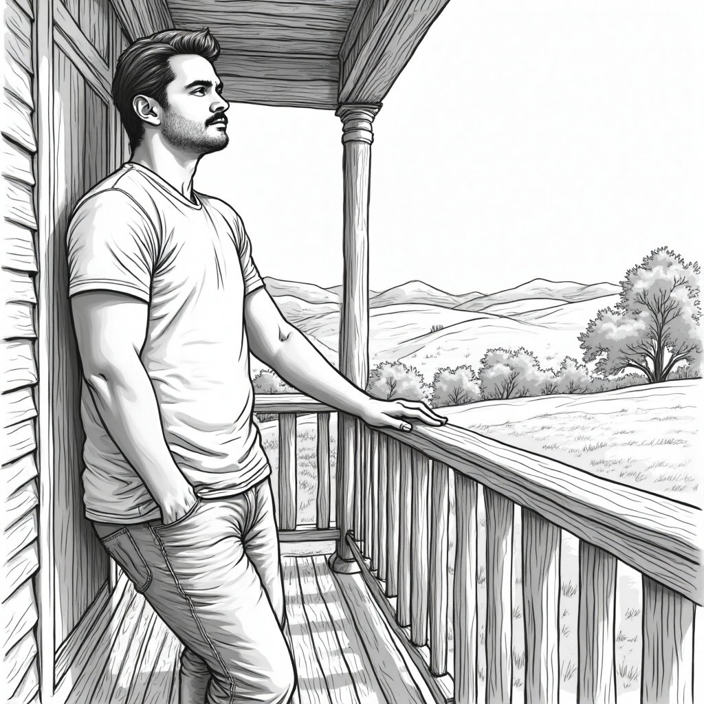 AI-generated photo: **Line Art Drawing.** Design an engaging line art portrait of a young man leaning against a rustic, ...