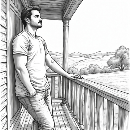 AI-generated photo: **Line Art Drawing.** Design an engaging line art portrait of a young man leaning against a rustic, ...