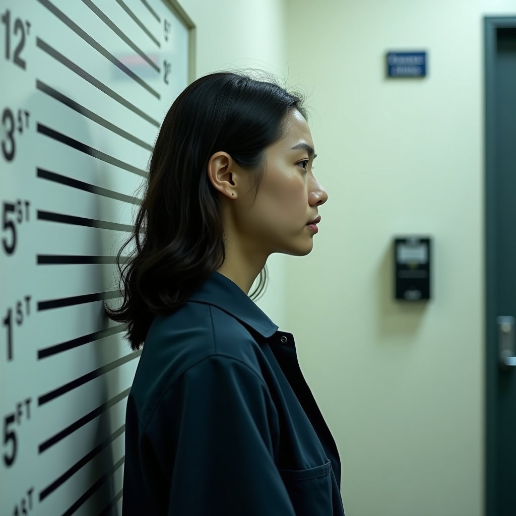 AI-generated photo: Photorealistic intake photography showing a precise side-profile mugshot in a police processing area...