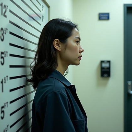 AI-generated photo: Photorealistic intake photography showing a precise side-profile mugshot in a police processing area...