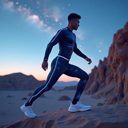 AI-generated photo: Photorealistic fashion photography, an athletic, galaxy athleisure look captured in an otherworldly ...