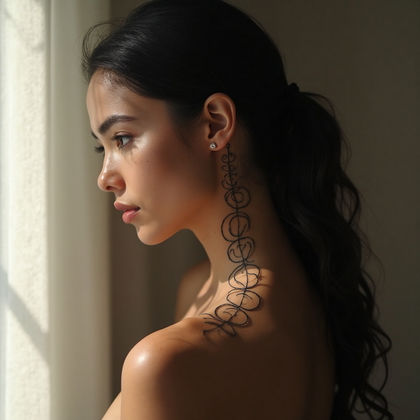 AI-generated photo: Photorealistic photography capturing a woman with a minimalist geometric tattoo design elegantly arr...