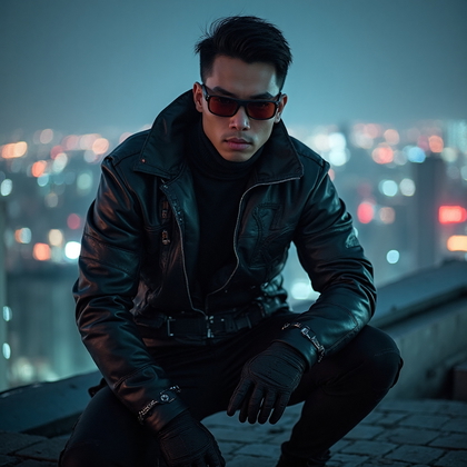 AI-generated photo: Cosplay photo capturing a daring villain character in a sleek, black tactical outfit made from a com...