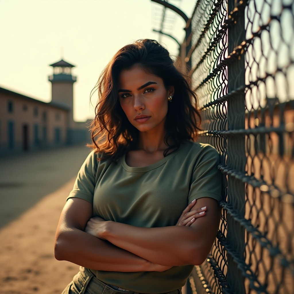 AI-generated photo: Photorealistic prison yard photography, subject framed from mid-thigh up, leaning back against a cha...