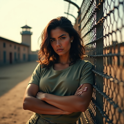 AI-generated photo: Photorealistic prison yard photography, subject framed from mid-thigh up, leaning back against a cha...