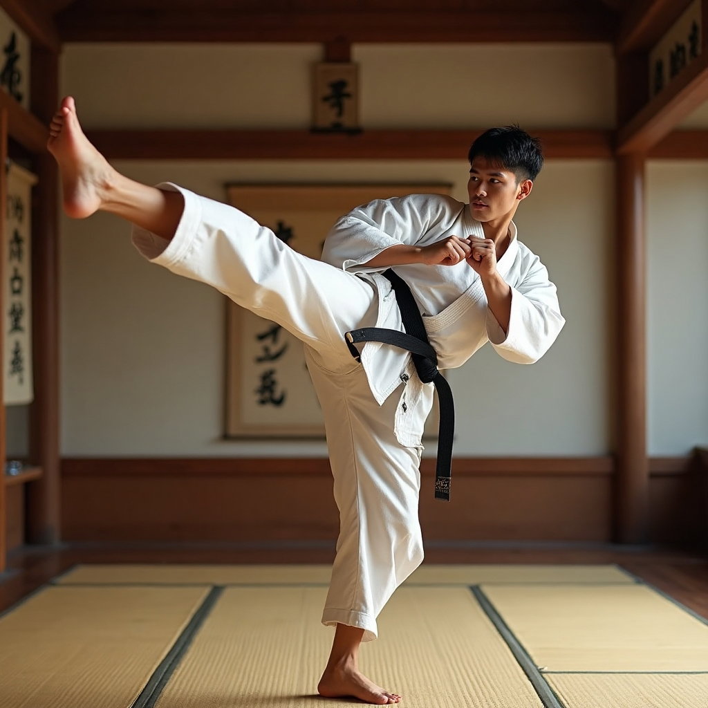 AI-generated photo: Athletic action photo of a man executing a powerful martial arts kick in a traditional dojo setting....