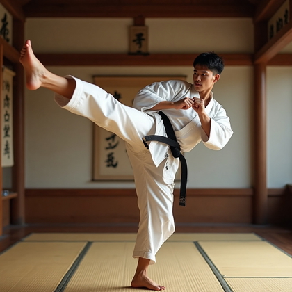 AI-generated photo: Athletic action photo of a man executing a powerful martial arts kick in a traditional dojo setting....